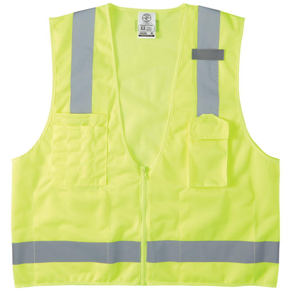 60268 Safety Vest, XL, Hi-Viz Yellow, Polyester, Front Zipper Closure, 8 Pockets, ANSI Class: Type R Class 2, ANSI/ISEA 107-2015