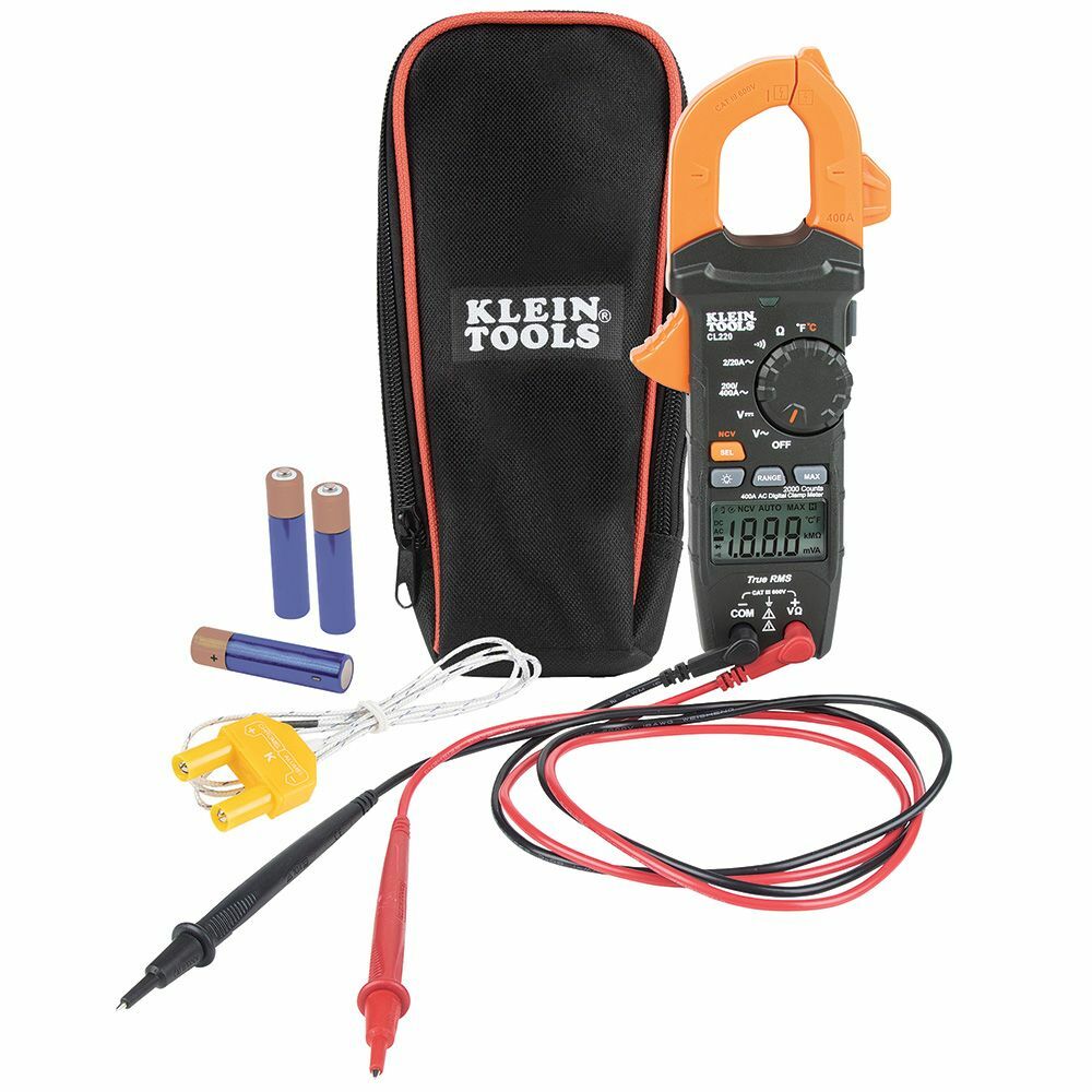 CL220 Auto-Ranging Digital Clamp Meter With Temperature Measure, 600 V AC/DC, 400 A AC, 20 Mohm, 1.61 in Jaw, Backlit LCD Display