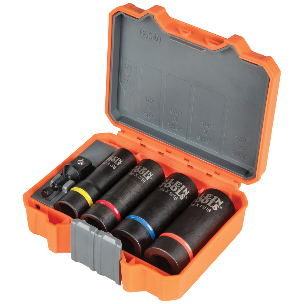 66040 2-in-1 Impact Socket Set, ASME B107.2, AISI 4140, 12 Points, 1/2 in Drive, 5 Pieces, Square, Included Socket Size: 7/8 x 11/16 in, 3/4 x 9/16 in, 5/8 x 7/16 in and 1/2 x 3/8 in, Case Container
