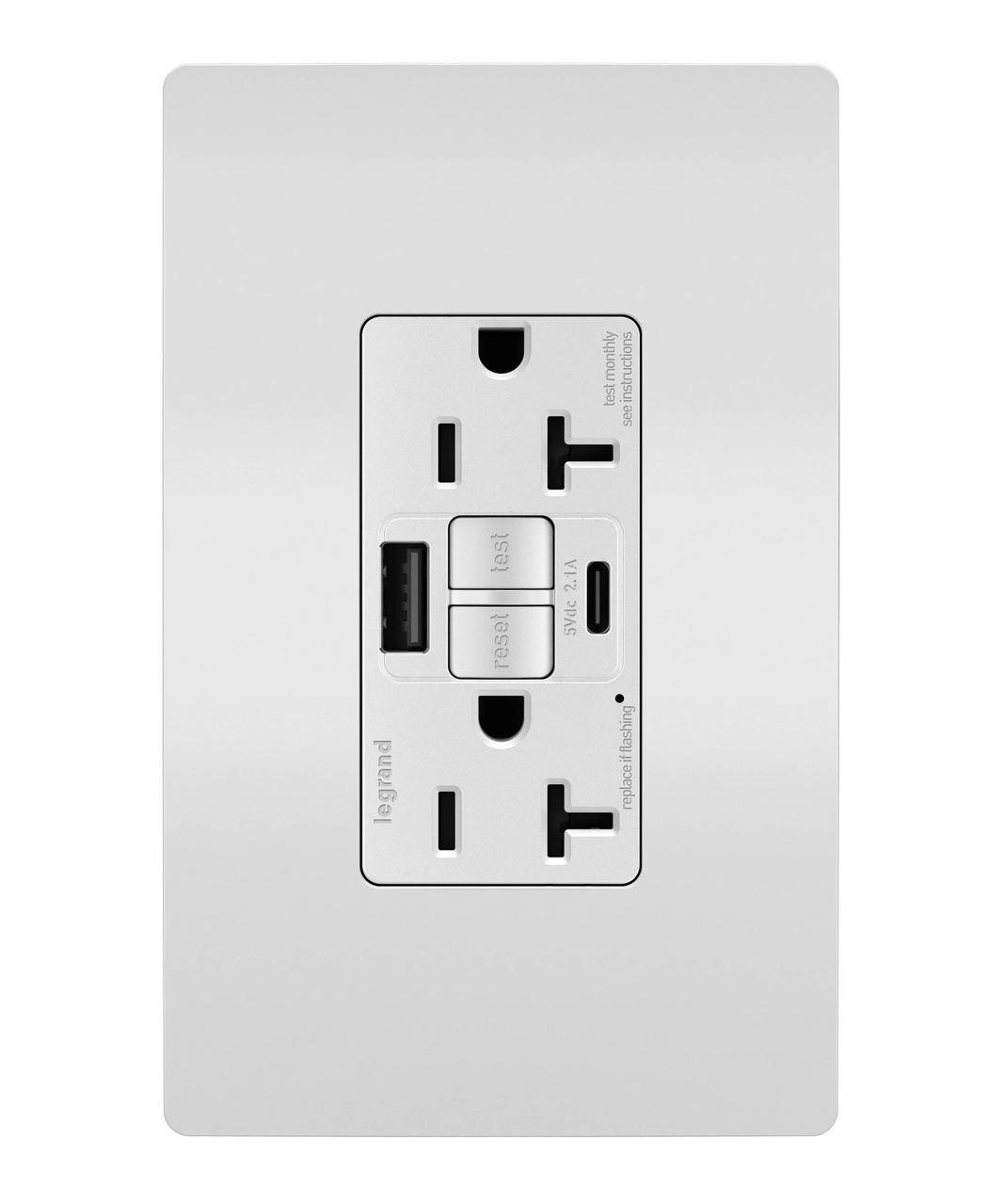 2097TRUSBACW radiant 20 Amp Duplex GFCI Receptacle SafeLock Protection, Type A/C Outlet, White