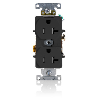 T5362-E Duplex Heavy Duty Self-Grounding Tamper Resistant Straight Blade Receptacle, 125 V AC, 20 A, 2 Poles, 3 Wires, Black