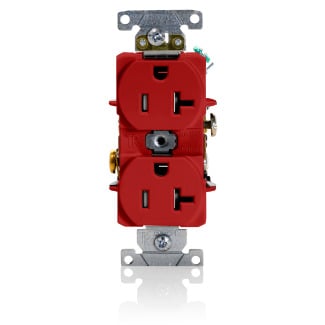 T5362-R Duplex Heavy Duty Self-Grounding Tamper Resistant Straight Blade Receptacle, 125 V AC, 20 A, 2 Poles, 3 Wires, Red