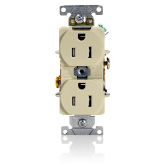T5262-I Duplex Heavy Duty Self-Grounding Tamper Resistant Straight Blade Receptacle, 125 V AC, 15 A, 2 Poles, 3 Wires, Ivory