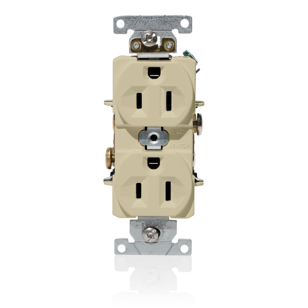C5362-I Duplex Heavy Duty Indented Face Self-Grounding Straight Blade Receptacle, 125 V AC, 20 A, 2 Poles, 3 Wires, Ivory