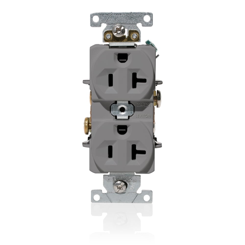 C5362-GY Duplex Heavy Duty Indented Face Self-Grounding Straight Blade Receptacle, 125 V AC, 20 A, 2 Poles, 3 Wires, Gray