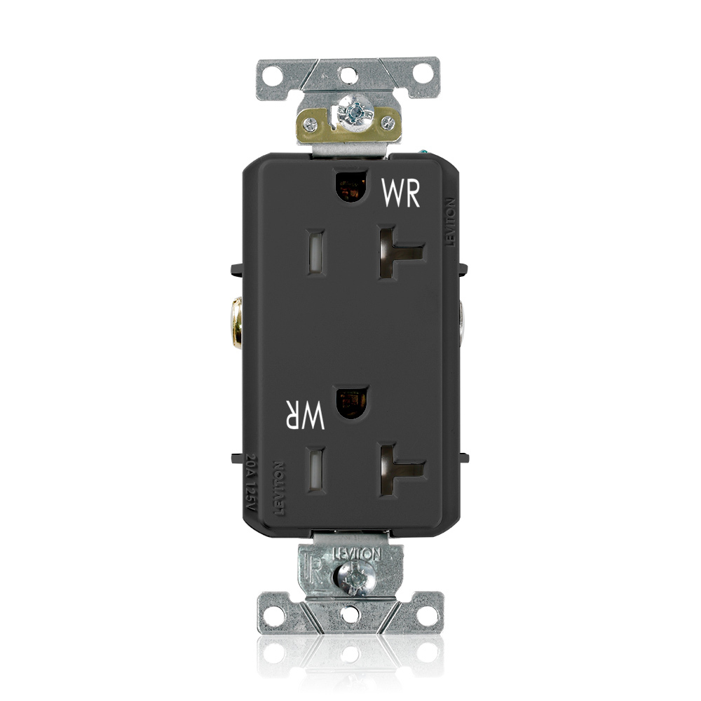WTD20-E Decora Plus Duplex Heavy Duty Self-Grounding Smooth Face Tamper-Resistant Weather-Resistant Straight Blade Receptacle, 125 V AC, 20 A, 2 Poles, 3 Wires, Black