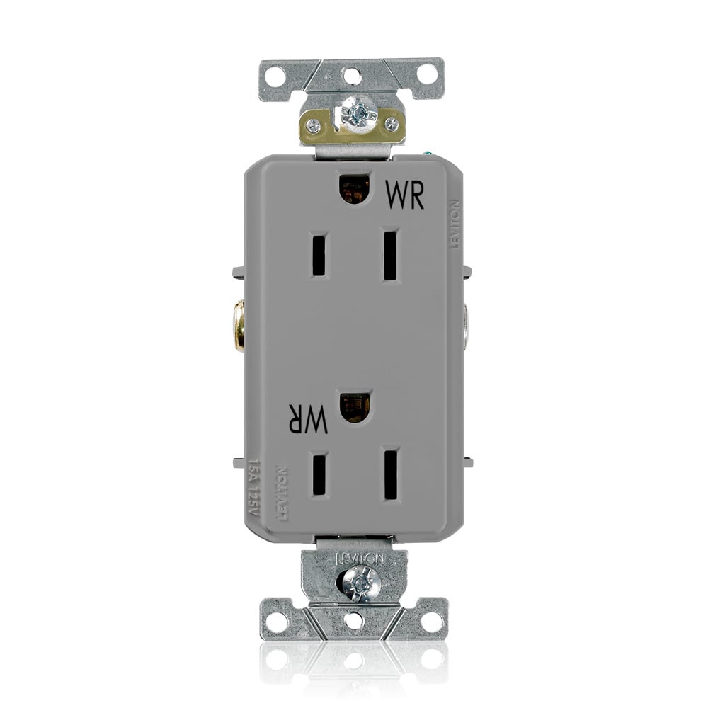 WDR15-GY Decora Plus Duplex Heavy Duty Self-Grounding Smooth Face Weather-Resistant Straight Blade Receptacle, 125 V AC, 15 A, 2 Poles, 3 Wires, Gray