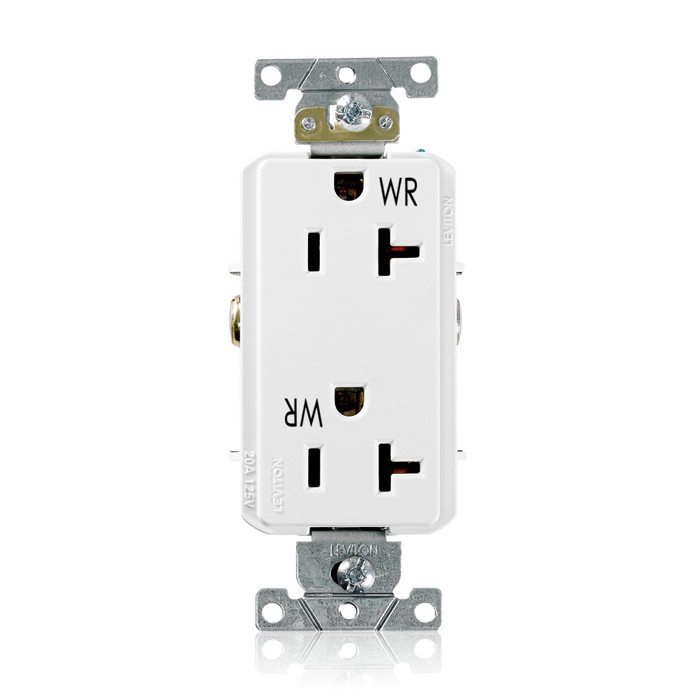 WDR20-W Decora Plus Duplex Heavy Duty Self-Grounding Smooth Face Weather-Resistant Straight Blade Receptacle, 125 V AC, 20 A, 2 Poles, 3 Wires, White