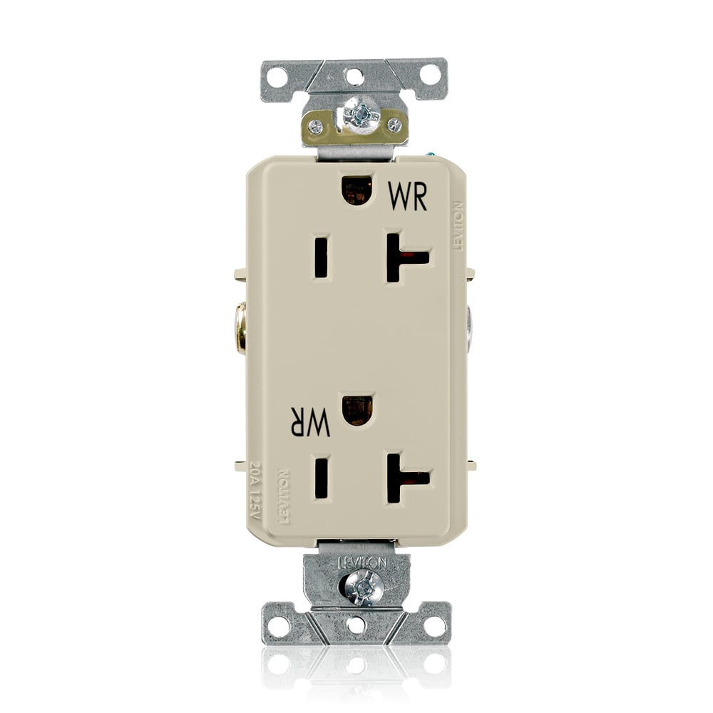 WDR20-I Decora Plus Duplex Heavy Duty Self-Grounding Smooth Face Weather-Resistant Straight Blade Receptacle, 125 V AC, 20 A, 2 Poles, 3 Wires, Ivory