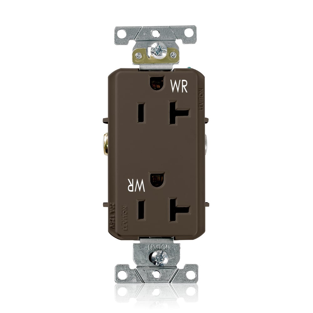 WDR20 Decora Plus Duplex Heavy Duty Self-Grounding Smooth Face Weather-Resistant Straight Blade Receptacle, 125 V AC, 20 A, 2 Poles, 3 Wires, Brown