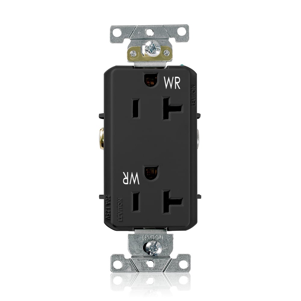 WDR20-E Decora Plus Duplex Heavy Duty Self-Grounding Smooth Face Weather-Resistant Straight Blade Receptacle, 125 V AC, 20 A, 2 Poles, 3 Wires, Black