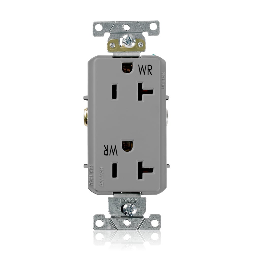 WDR20-GY Decora Plus Duplex Heavy Duty Self-Grounding Smooth Face Weather-Resistant Straight Blade Receptacle, 125 V AC, 20 A, 2 Poles, 3 Wires, Gray