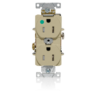 T8200-I T8200 Duplex Flat Smooth Face Heavy Duty Self-Grounding Standard Tamper-Resistant Straight Blade Receptacle, 125 V AC, 15 A, 2 Poles, 3 Wires, Ivory