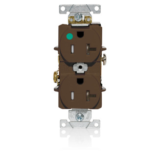 T8300 Duplex Flat Smooth Face Heavy Duty Self-Grounding Standard Tamper-Resistant Straight Blade Receptacle, 125 V AC, 20 A, 2 Poles, 3 Wires, Brown