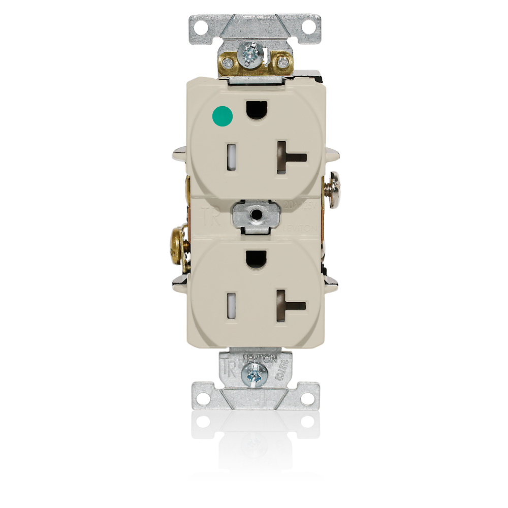 T8300-T T8300 Duplex Flat Smooth Face Heavy Duty Self-Grounding Standard Tamper-Resistant Straight Blade Receptacle, 125 V AC, 20 A, 2 Poles, 3 Wires, Light Almond