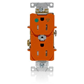 T8200-IG Duplex Flat Face Heavy Duty Isolated Self-Grounding Standard Tamper-Resistant Straight Blade Receptacle, 125 V AC, 15 A, 2 Poles, 3 Wires, Orange