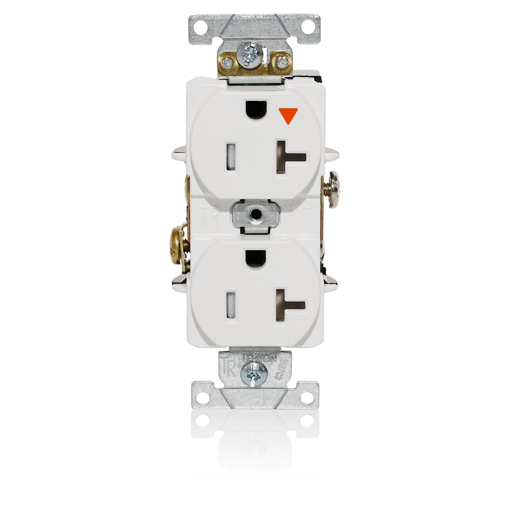 T5362-IGW T5362-IG Duplex Flat Face Heavy Duty Isolated Self-Grounding Standard Tamper-Resistant Straight Blade Receptacle, 125 V AC, 20 A, 2 Poles, 3 Wires, White