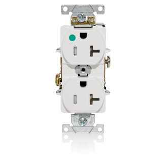T8300-W T8300 Duplex Flat Smooth Face Heavy Duty Self-Grounding Standard Tamper-Resistant Straight Blade Receptacle, 125 V AC, 20 A, 2 Poles, 3 Wires, White