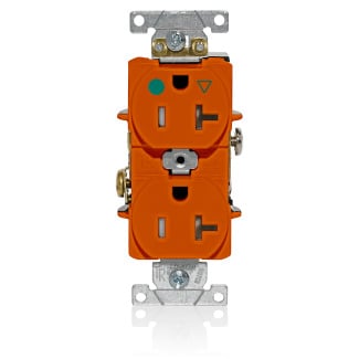 T8300-IG Duplex Flat Face Heavy Duty Isolated Self-Grounding Standard Tamper-Resistant Straight Blade Receptacle, 125 V AC, 20 A, 2 Poles, 3 Wires, Orange