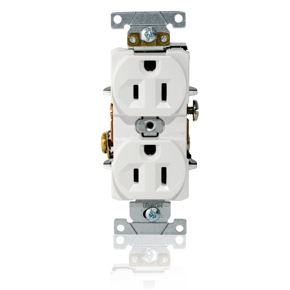 L5262-W L5262 Duplex Heavy Duty Indented Face Self-Grounding Standard Straight Blade Receptacle, 125 V AC, 15 A, 2 Poles, 3 Wires, White