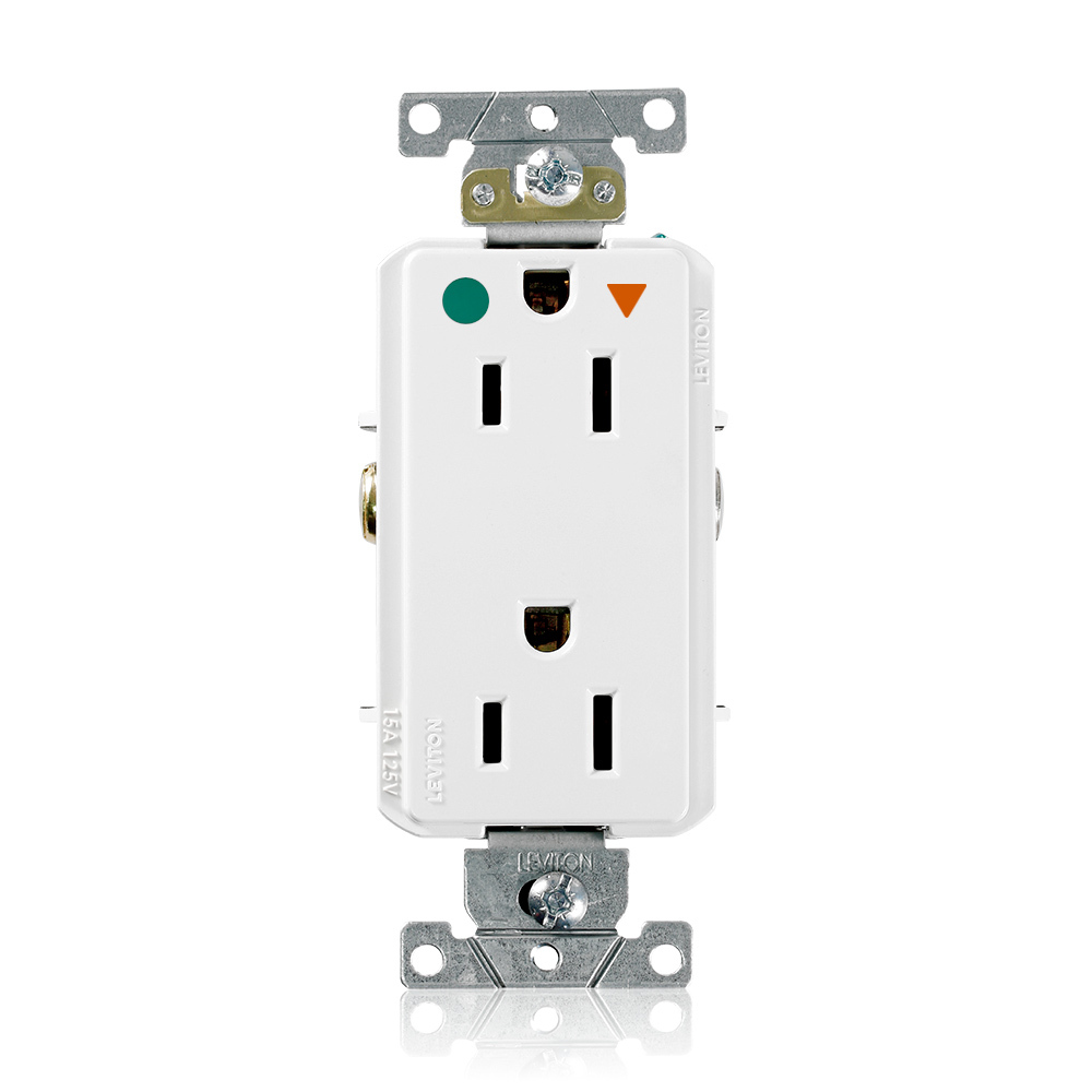 D8200-IGW Decora Plus D8200-IG Duplex Heavy Duty Isolated Self-Grounding Smooth Face Straight Blade Receptacle, 125 V AC, 15 A, 2 Poles, 3 Wires, White