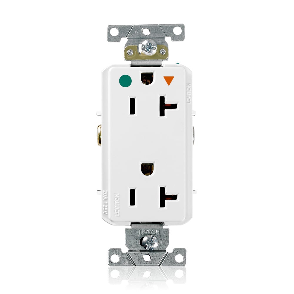 D8300-IGW Decora Plus D8300-IG Duplex Heavy Duty Isolated Self-Grounding Smooth Face Straight Blade Receptacle, 125 V AC, 20 A, 2 Poles, 3 Wires, White