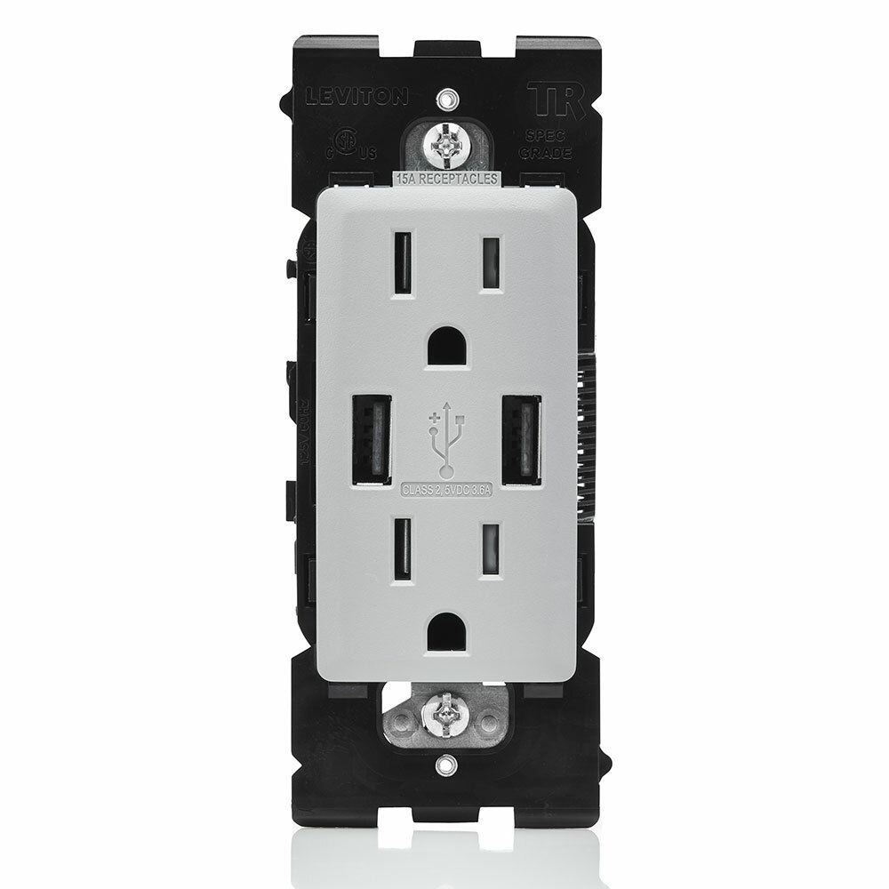 RUAA1-PG Renu Combination Tamper-Resistant Duplex Receptacle and USB Charger, 125 V AC, 15 A, Pebble Gray