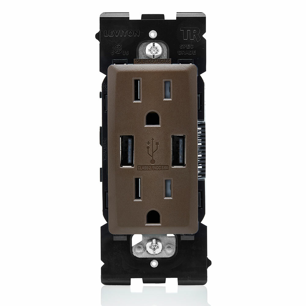 RUAA1-WB Renu Combination Tamper-Resistant Duplex Receptacle and USB Charger, 125 V AC, 15 A, Walnut Bark