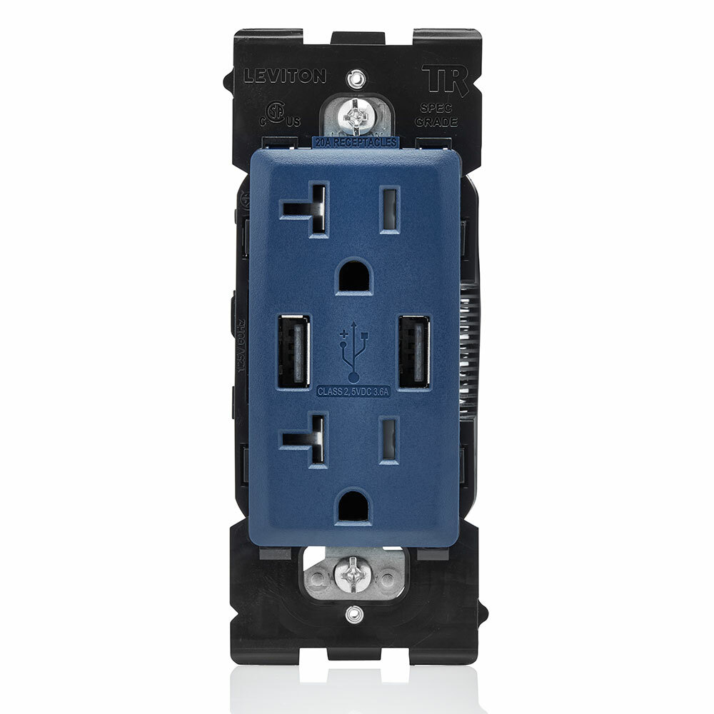 RUAA2-RN Renu Combination Tamper-Resistant Duplex Receptacle and USB Charger, 125 V AC, 20 A, Rich Navy