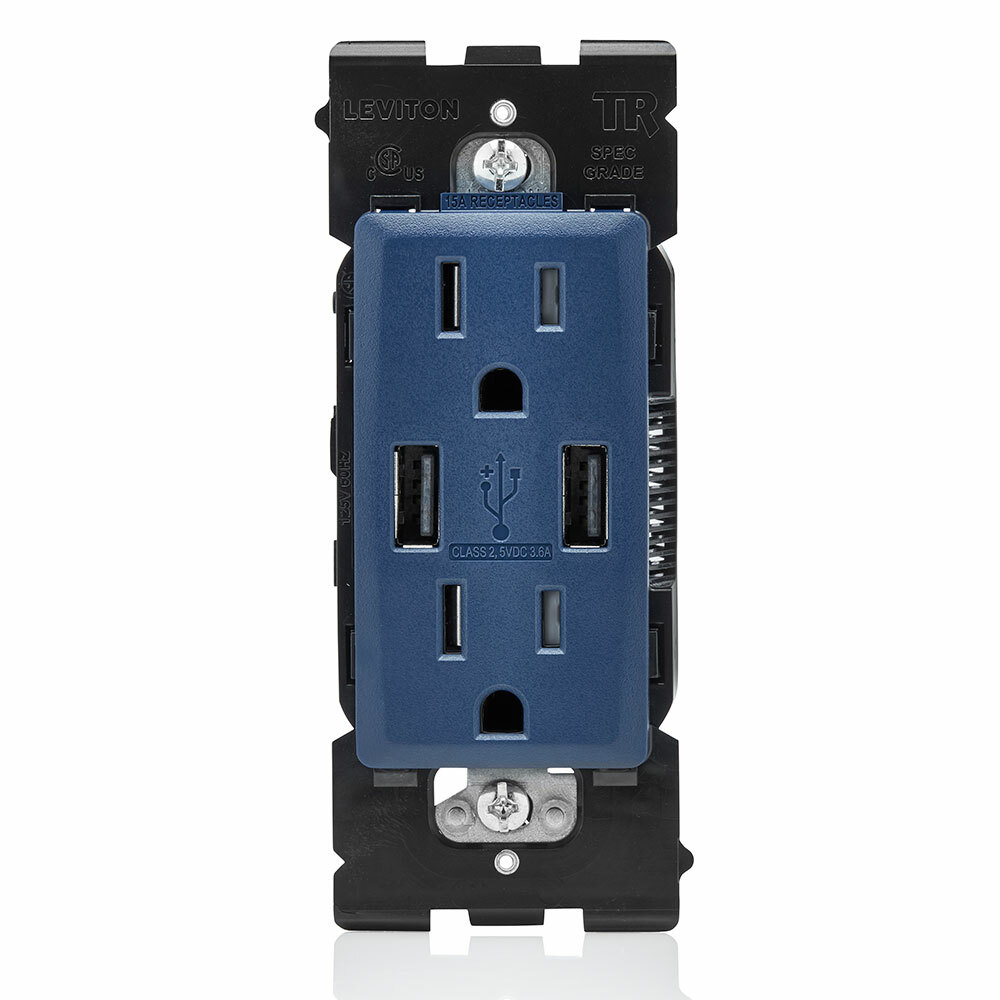 RUAA1-RN Renu Combination Tamper-Resistant Duplex Receptacle and USB Charger, 125 V AC, 15 A, Rich Navy