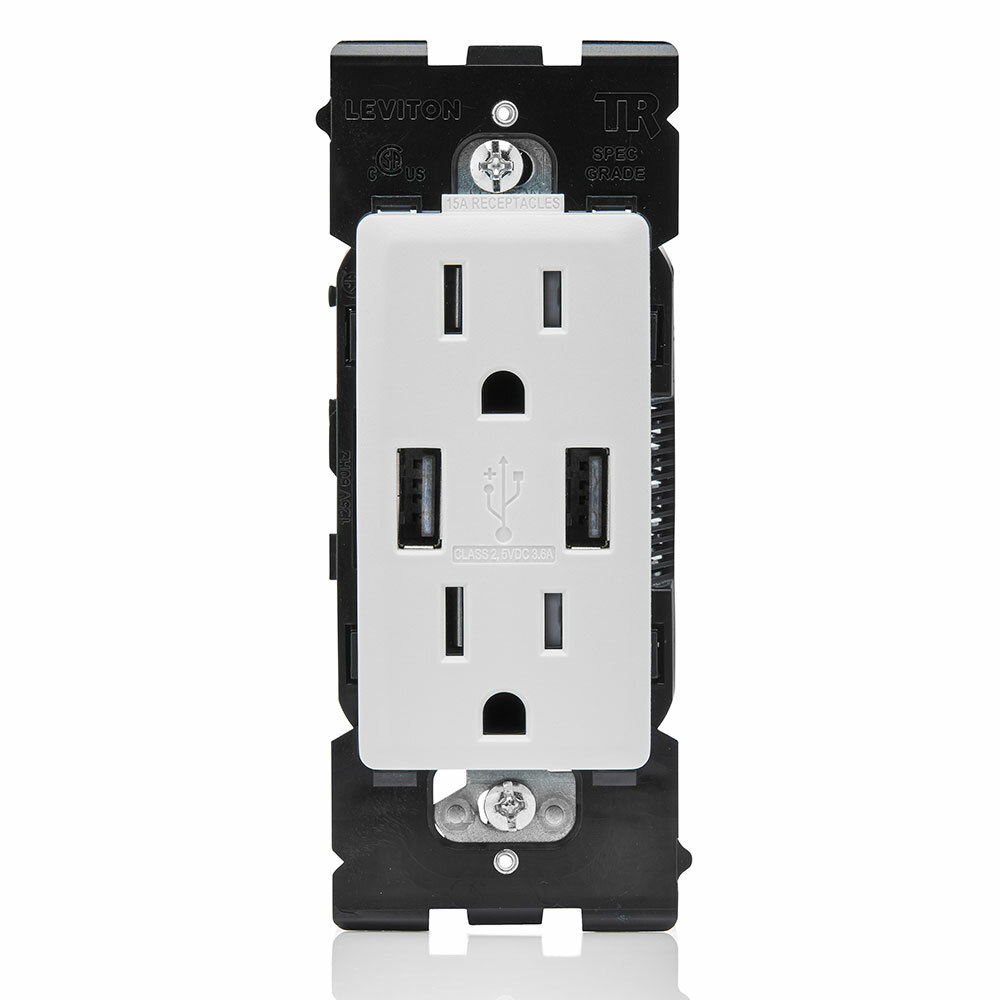 RUAA1-WW Renu Combination Tamper-Resistant Duplex Receptacle and USB Charger, 125 V AC, 15 A, White on White