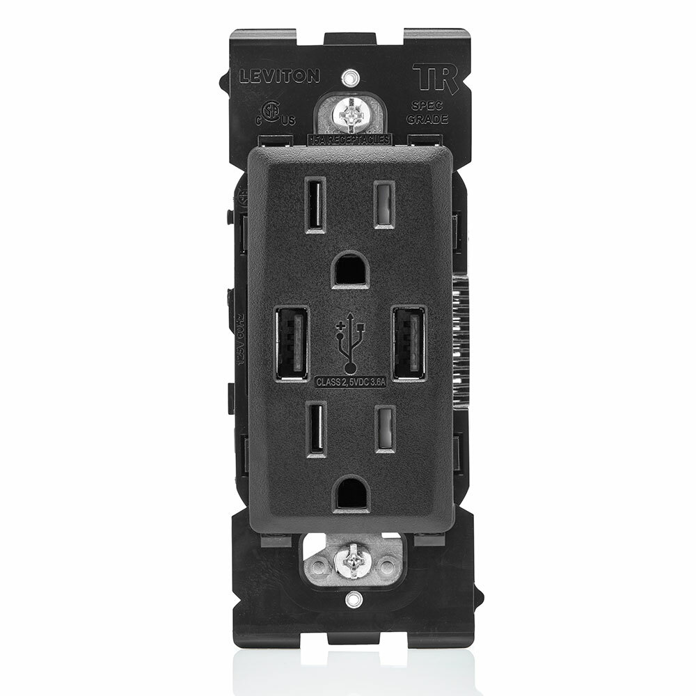 RUAA1-OB Renu Combination Tamper-Resistant Duplex Receptacle and USB Charger, 125 V AC, 15 A, Onyx Black