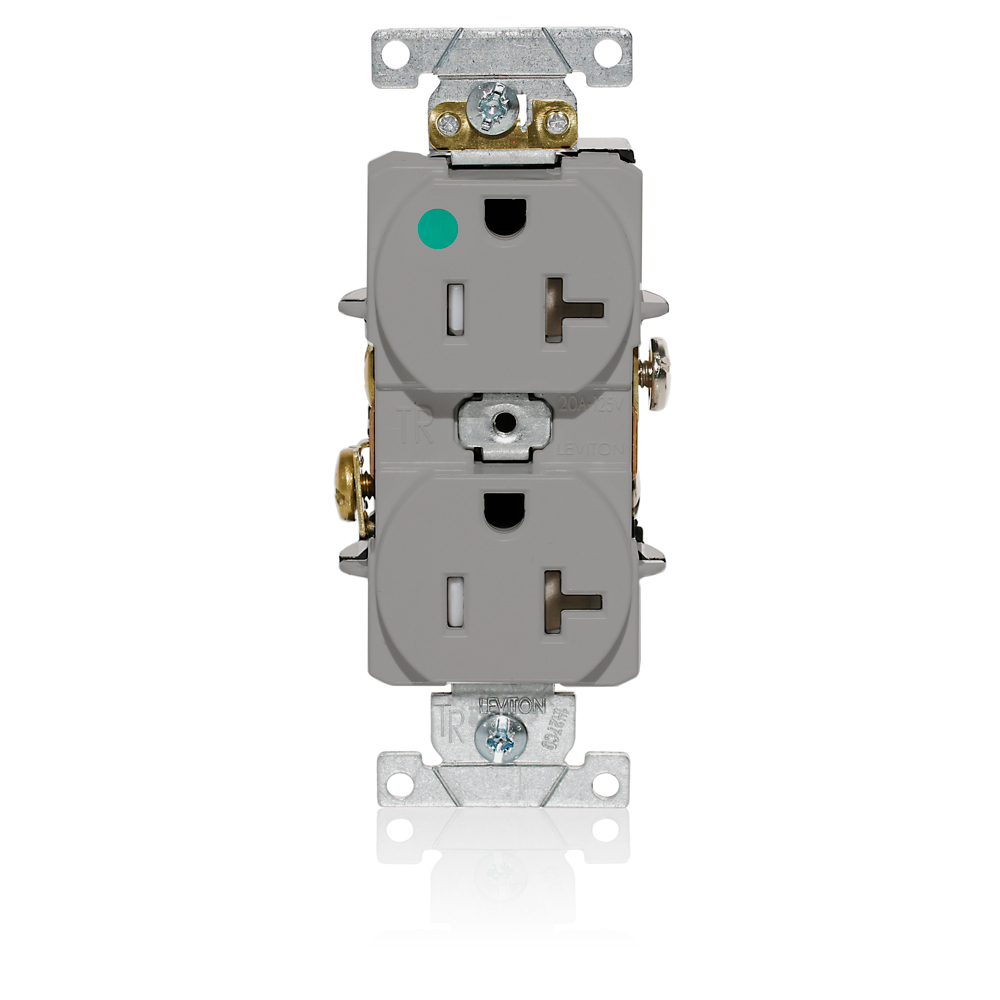 T8300-GY T8300 Duplex Flat Smooth Face Heavy Duty Self-Grounding Standard Tamper-Resistant Straight Blade Receptacle, 125 V AC, 20 A, 2 Poles, 3 Wires, Gray