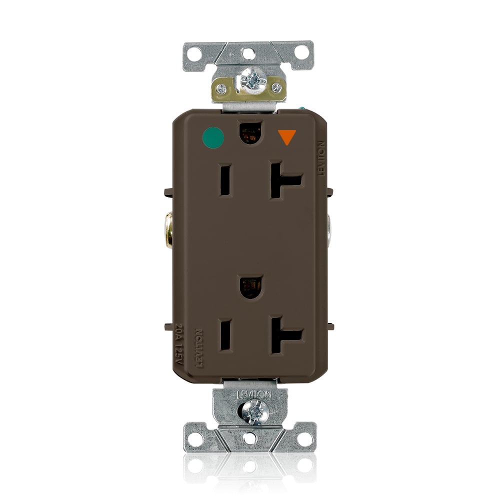 D8300-IGB Decora Plus D8300-IG Duplex Heavy Duty Isolated Self-Grounding Smooth Face Straight Blade Receptacle, 125 V AC, 20 A, 2 Poles, 3 Wires, Brown