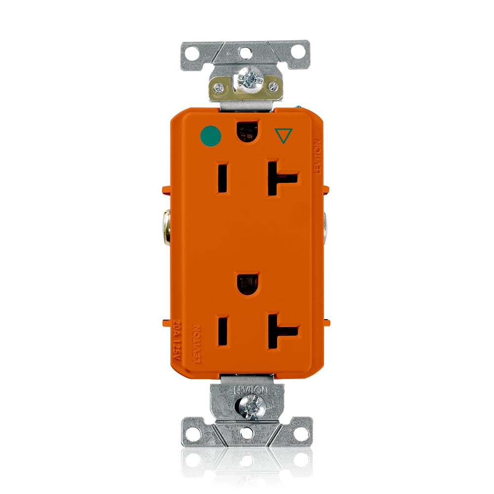 D8300-IG Decora Plus Duplex Heavy Duty Isolated Self-Grounding Smooth Face Straight Blade Receptacle, 125 V AC, 20 A, 2 Poles, 3 Wires, Orange