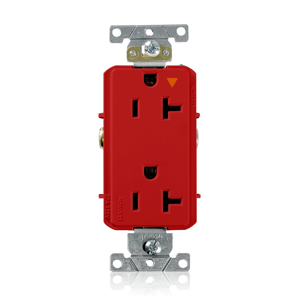 16362-RIG Decora Plus 16362-IG Duplex Heavy Duty Isolated Self-Grounding Smooth Face Straight Blade Receptacle, 125 V AC, 20 A, 2 Poles, 3 Wires, Red
