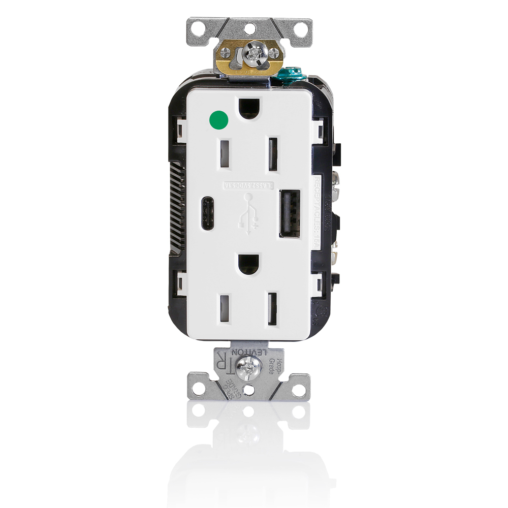 T5633-HGW Heavy Duty Combination USB Charger/Duplex Receptacle, 15 A, 125 V AC, 25 W, 2 Poles, 3 Wires, White