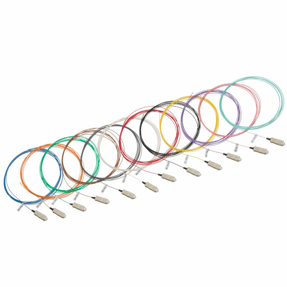 54PLC-KIT Economy OM3 Multi-Mode Fiber Optic Pigtail Kit, 12 Fiber, 50 um Core, 3 m L, Aqua/Black/Blue/Brown/Green/Orange/Purple/Red/Rose/Slate/White/Yellow