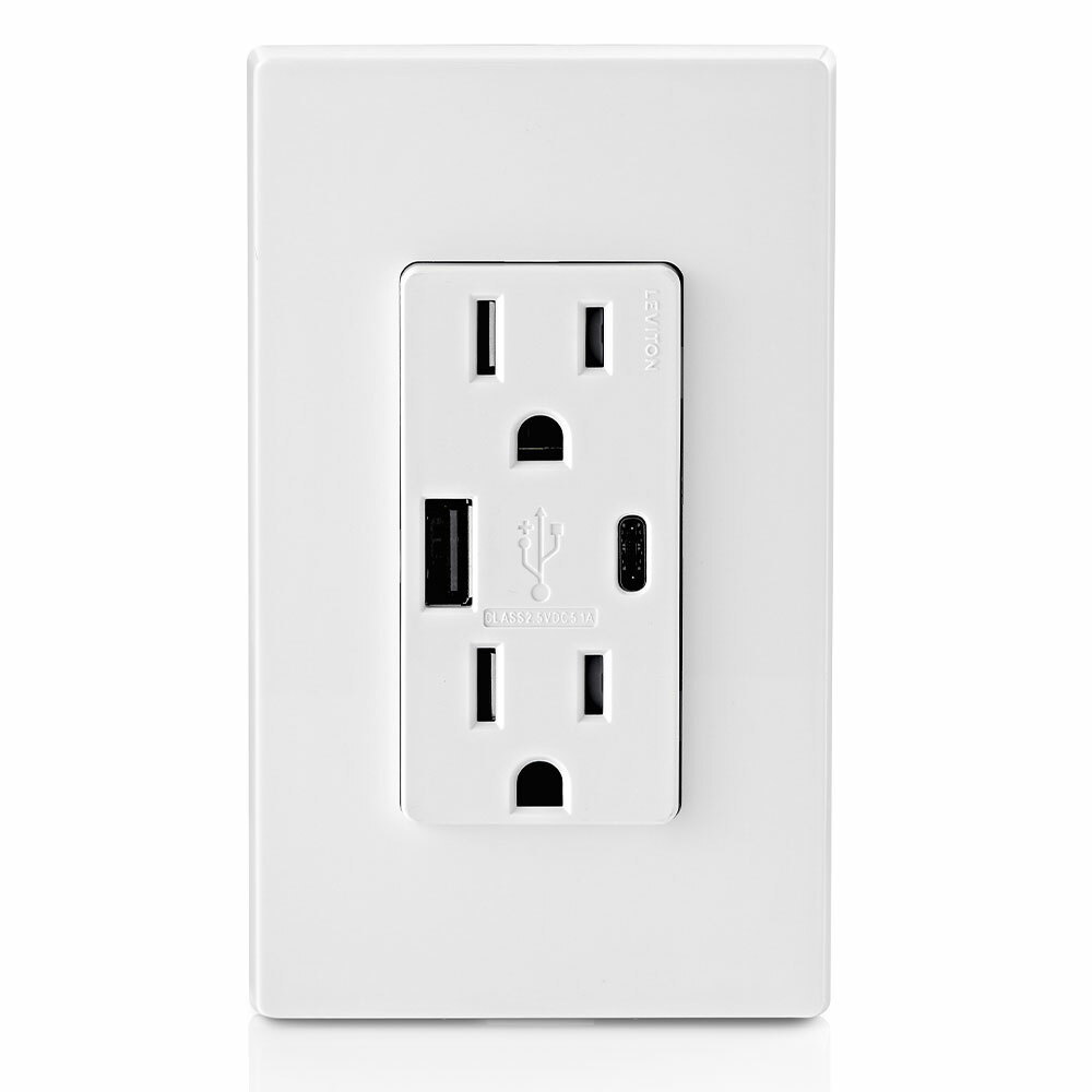 T5633-W Combination USB Charger/Duplex Receptacle, 15 A, 125 V AC, 25 W, 2 Poles, 3 Wires, White