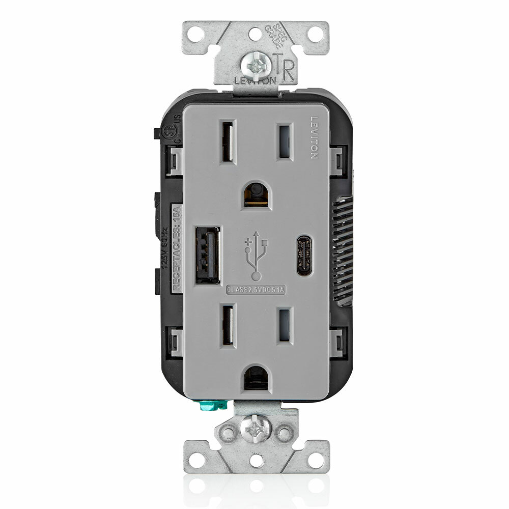 T5633-GY Combination USB Charger/Duplex Receptacle, 15 A, 125 V AC, 25 W, 2 Poles, 3 Wires, Gray