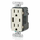 Combination Duplex Receptacle/Outlet and USB Charger. 15 Amp, 125 Volt, Decora Tamper Resistant Receptacle/Outlet, NEMA 5-15R. 5.1 Amps, 5VDC, 2.0 Type A and Type-C USB Chargers. Grounding, Side Wired & Back Wired - Light Almond