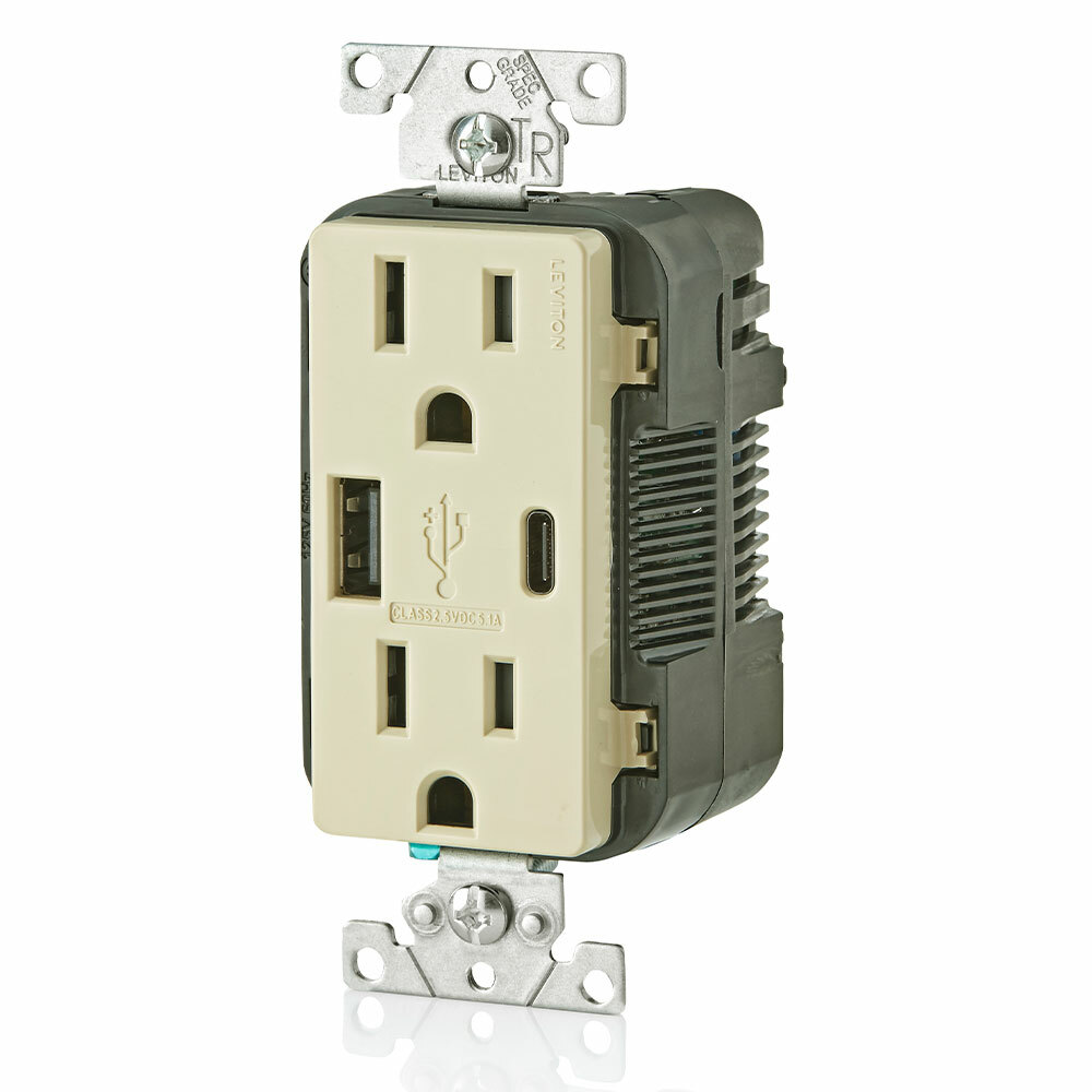 T5633-I Combination USB Charger/Duplex Receptacle, 15 A, 125 V AC, 25 W, 2 Poles, 3 Wires, Ivory