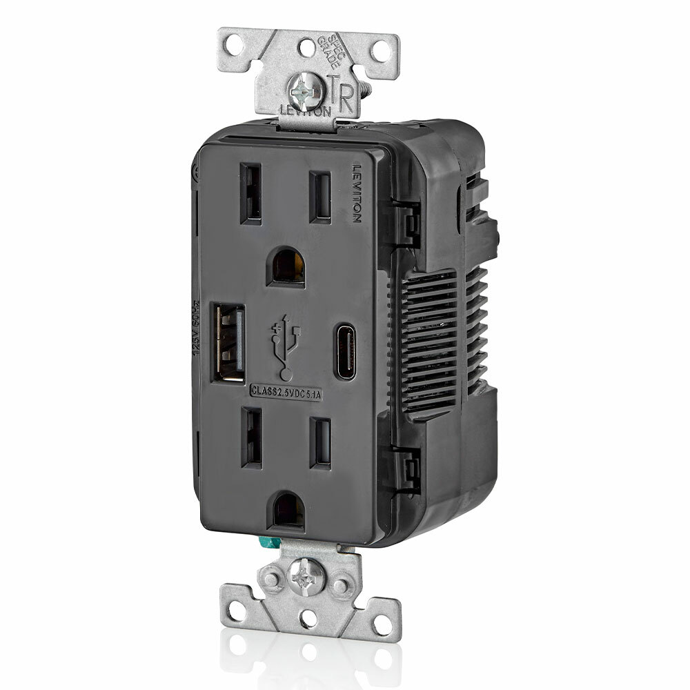 T5633-E Combination USB Charger/Duplex Receptacle, 15 A, 125 V AC, 25 W, 2 Poles, 3 Wires, Black