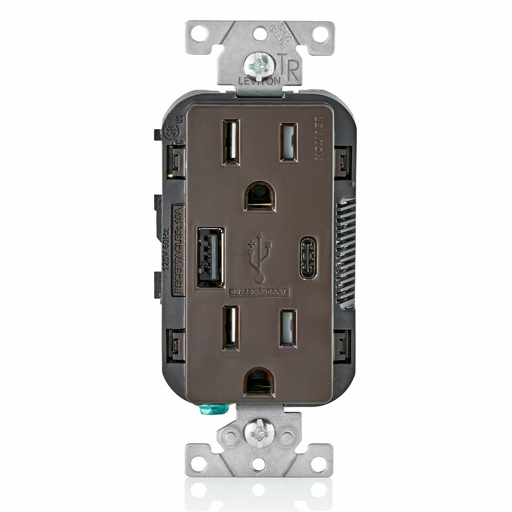 T5633-B Combination USB Charger/Duplex Receptacle, 15 A, 125 V AC, 25 W, 2 Poles, 3 Wires, Blue
