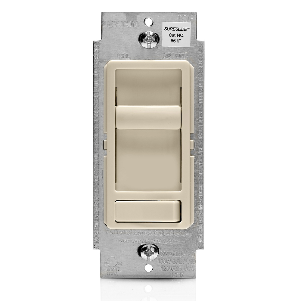 661F-10T Decora SureSlide 1-Pole 3-Way Electro-Mechanical Unlighted Fan Speed Control With Preset ON/OFF Switch, 120 V AC, 1.5 A, 3-Speed/Quiet Operational Mode, Light Almond