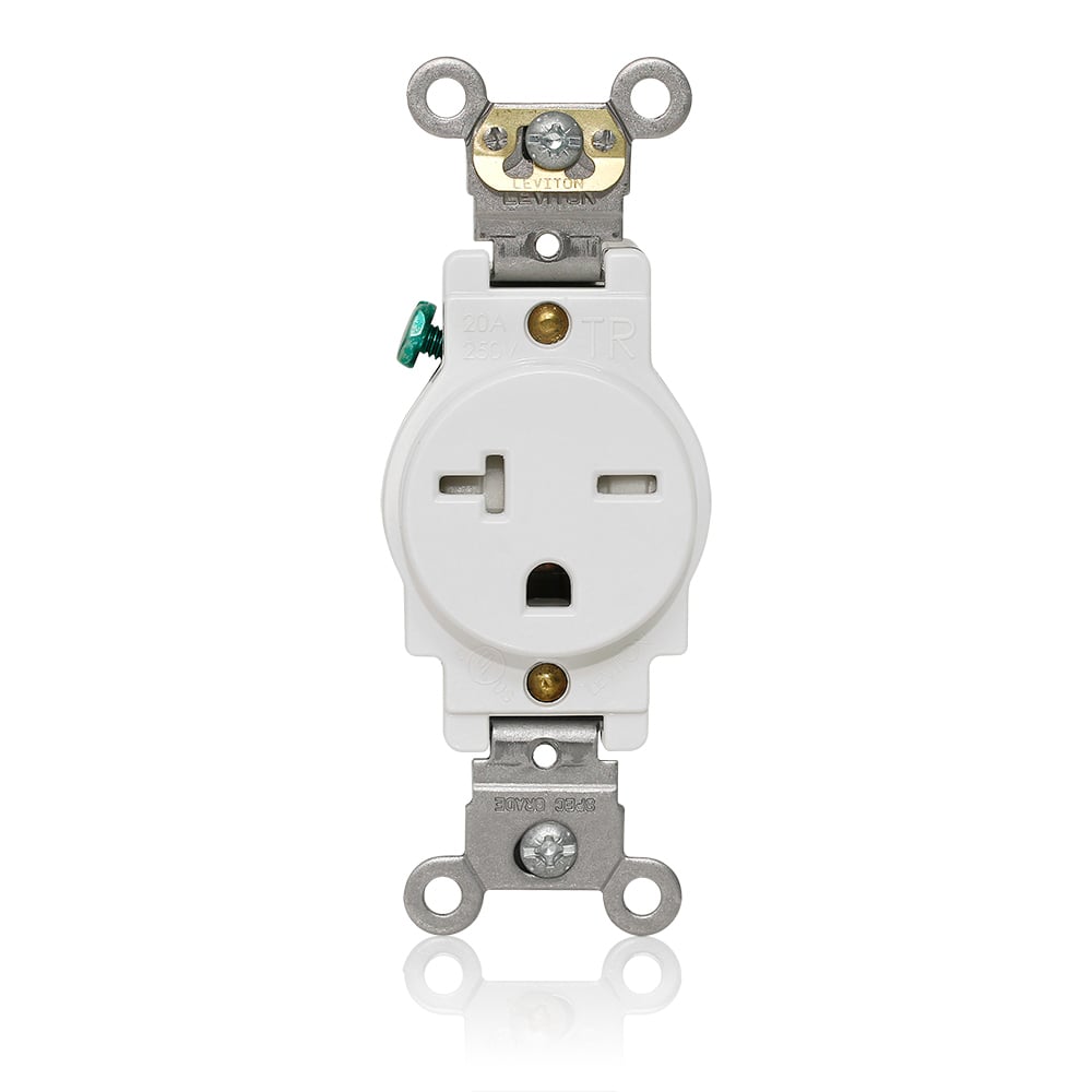 T5461-W T5461 Heavy Duty Single Self-Grounding Smooth Face Tamper-Resistant Straight Blade Receptacle, 250 V AC, 20 A, 2 Poles, 3 Wires, White