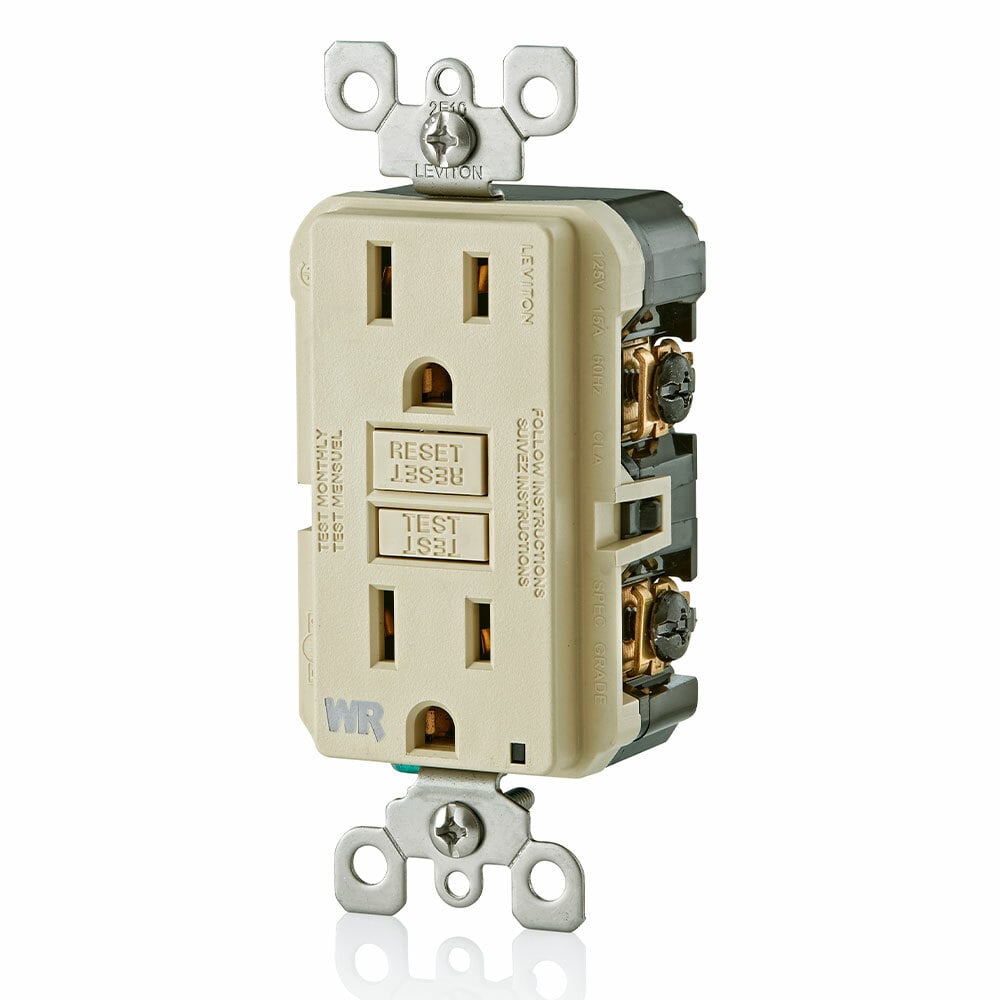 GFWR1-I SmartlockPro Extra Heavy Duty Feed-Through Monochromatic Self-Test Slim Weather-Resistant GFCI Receptacle Outlet, 125 V AC, 15 A, 2 Poles, 3 Wires, Ivory