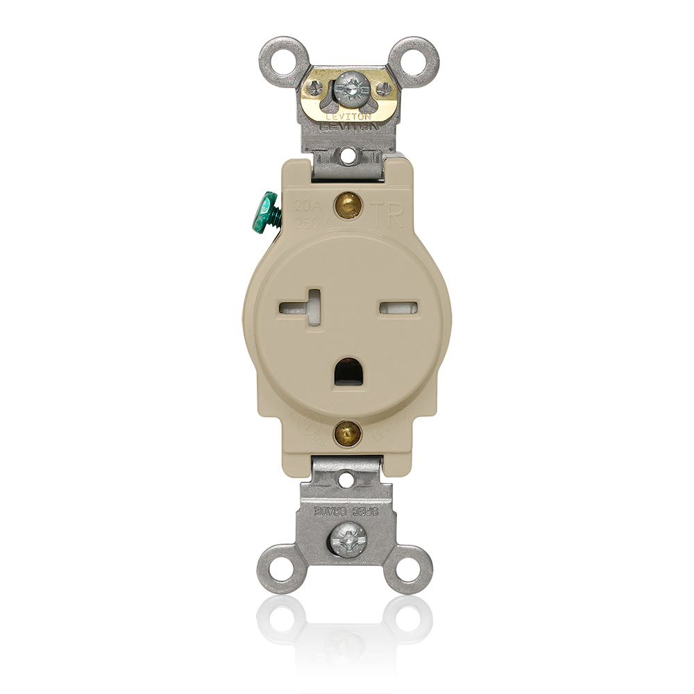 T5461-I T5461 Heavy Duty Single Self-Grounding Smooth Face Tamper-Resistant Straight Blade Receptacle, 250 V AC, 20 A, 2 Poles, 3 Wires, Ivory