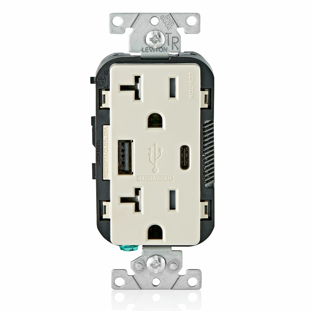 T5833-T Tamper-Resistant Combination USB Charger/Duplex Receptacle, 20 A, 125 V AC, 2 Poles, 3 Wires, Light Almond