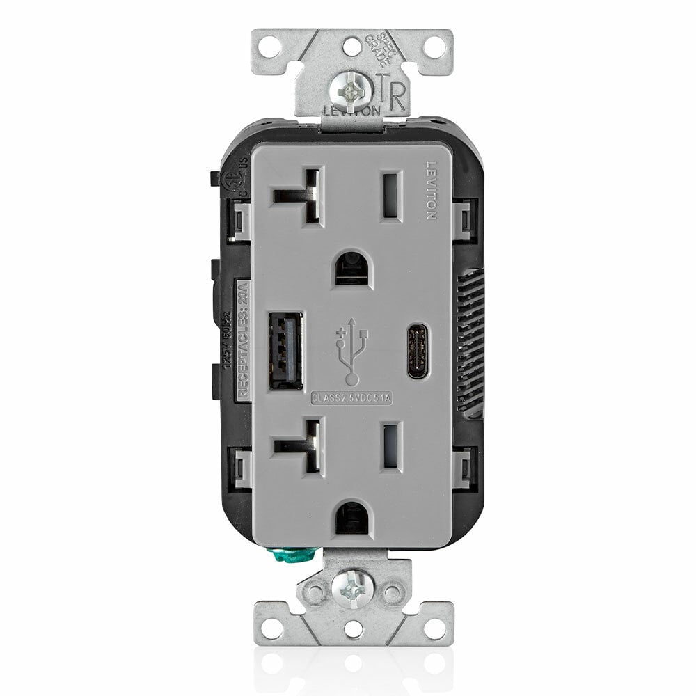 T5833-GY Tamper-Resistant Combination USB Charger/Duplex Receptacle, 20 A, 125 V AC, Gray